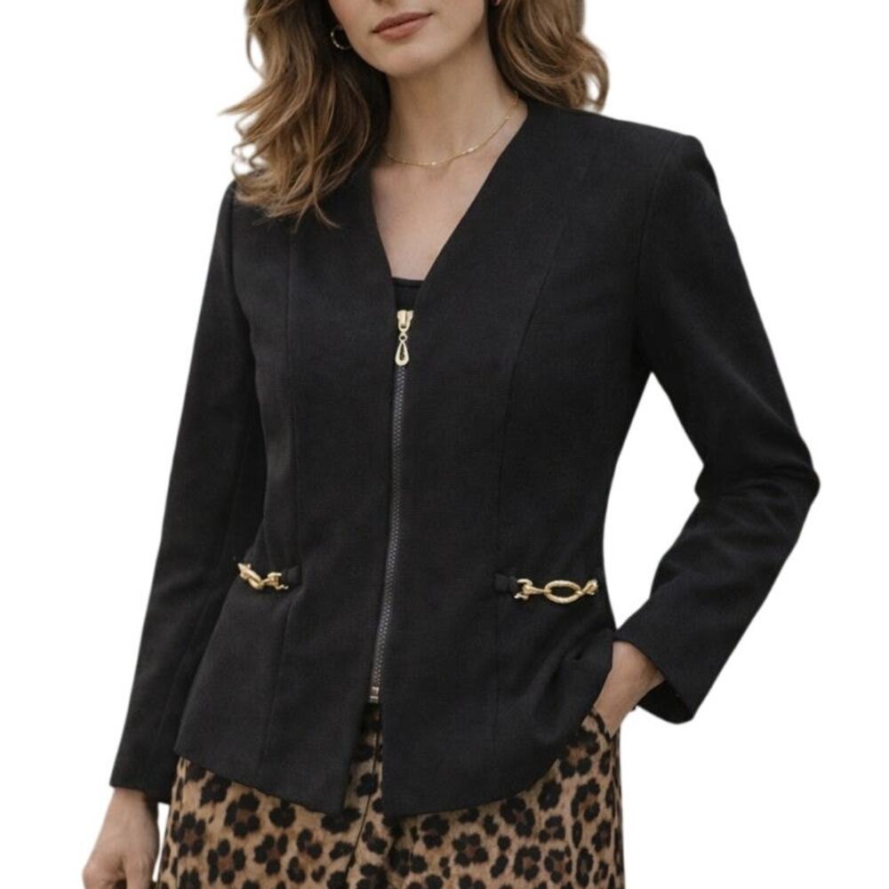 Vintage Sheri Martin 90s Full Zip Blazer Jacket Size 8 Black Gold Career Retro